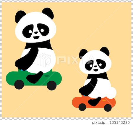 一幅可愛的熊貓媽媽和小熊貓乘車插圖 135343280