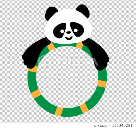 可愛的熊貓抓住游泳圈的插圖 135343281