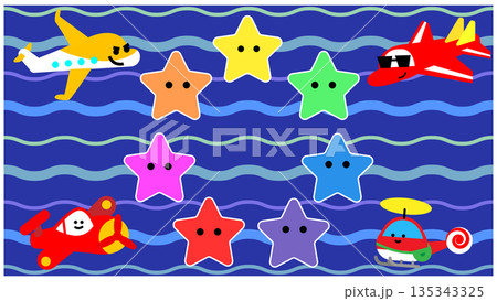 海の波と星の背景に並ぶかわいいのりものキャラクターのイラスト 135343325