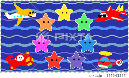 海の波と星の背景に並ぶかわいいのりものキャラクターのイラスト 135343325