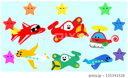 星と一緒に並ぶかわいいのりものキャラクターのイラスト 星と一緒に並ぶかわいいのりものキャラクターのイラスト 135343326