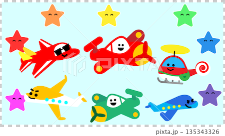 Illustration of cute vehicle characters lined up with stars Illustration of cute vehicle characters lined up with stars 135343326