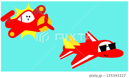 性格の違うかわいい飛行機キャラクターが並ぶイラスト 性格の違うかわいい飛行機キャラクターが並ぶイラスト 135343327