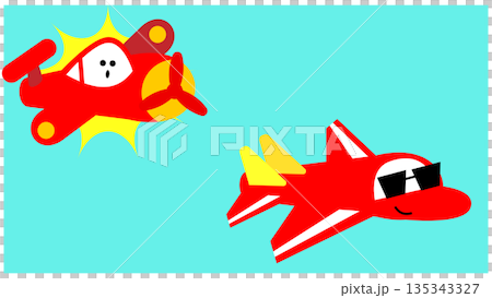 性格の違うかわいい飛行機キャラクターが並ぶイラスト 性格の違うかわいい飛行機キャラクターが並ぶイラスト 135343327