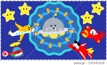 Illustration of cute vehicle characters flying around a UFO 135343329