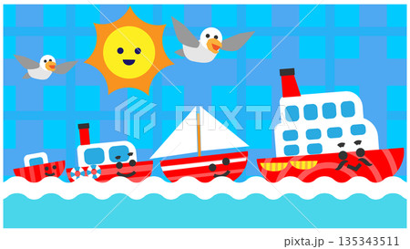 昼の海を進むかわいい船のキャラクターたちのイラスト背景 135343511