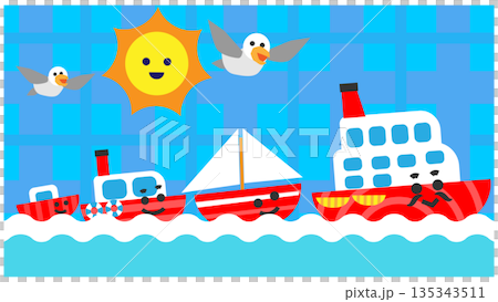 昼の海を進むかわいい船のキャラクターたちのイラスト背景 135343511