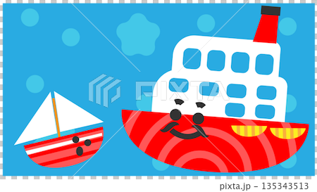 可愛的船舶角色插圖,圖中有一排大小不一的船。 可愛的船舶角色插圖,圖中有一排大小不一的船。 135343513