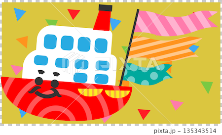 Illustration of a cute ship character holding a flag Illustration of a cute ship character holding a flag 135343514
