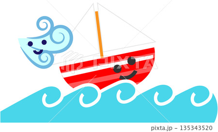 波に揺れるかわいいヨットと風のイラスト 135343520