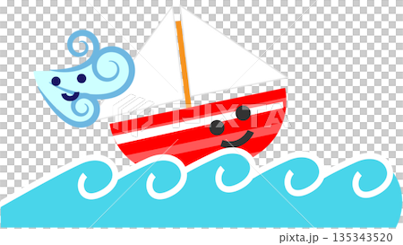波に揺れるかわいいヨットと風のイラスト 135343520