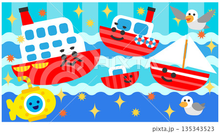 夜空を進む かわいい船と潜水艦の乗り物イラスト 135343523