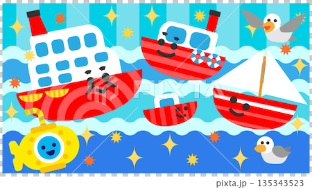 夜空を進む かわいい船と潜水艦の乗り物イラスト 135343523