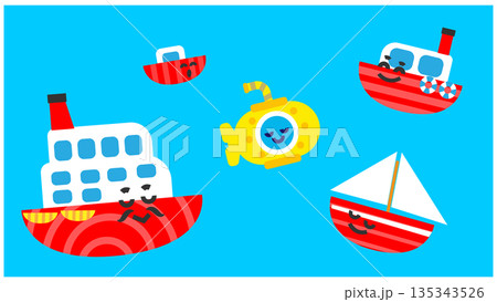 海を進む かわいい船と潜水艦の乗り物セットイラスト 海を進む かわいい船と潜水艦の乗り物セットイラスト 135343526