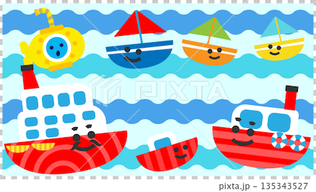 可愛的船隻和潛水艇插圖背景，漂浮在海面上 135343527