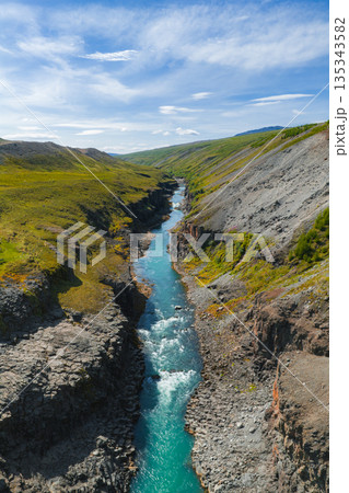 A vibrant turquoise river flows through Studlagil Canyon's basalt rock gorge, surrounded by green hills and rugged terrain under a clear blue sky. 135343582