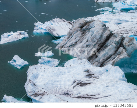 Aerial view of a glacial lagoon in Iceland with massive icebergs in turquoise water, volcanic ash streaks, and small birds on the ice. Aerial view of a glacial lagoon in Iceland with massive icebergs in turquoise water, volcanic ash streaks, and small birds on the ice. 135343583