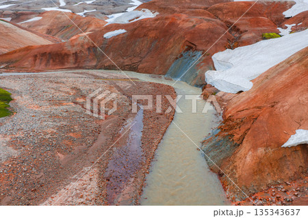 Red and orange rhyolite hills with patches of snow and a sediment laden stream winding through the terrain, showcasing Iceland's dynamic landscape. 135343637