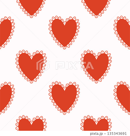 Vector seamless pattern with decorative hearts in a whimsical doodle style. Romantic pink and red design inspired by folk art, perfect for Valentines Day, wrapping paper, textiles, and branding 135343691