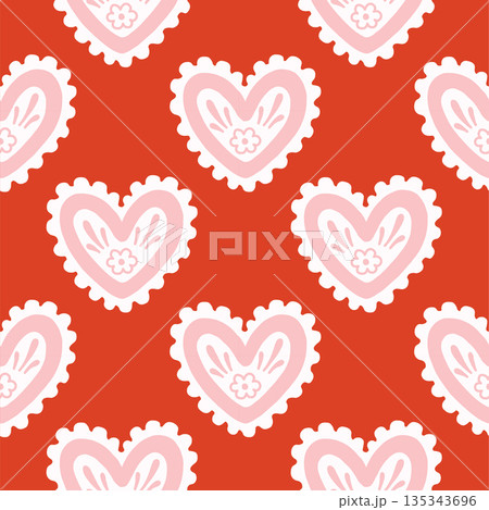 Vector seamless pattern with decorative hearts in a whimsical doodle style. Romantic pink and red design inspired by folk art, perfect for Valentines Day, wrapping paper, textiles, and branding 135343696