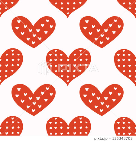 Vector seamless pattern with decorative hearts in a whimsical doodle style. Romantic pink and red design inspired by folk art, perfect for Valentines Day, wrapping paper, textiles, and branding 135343705