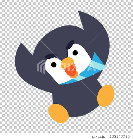 一隻戴著圍巾的可愛企鵝的插圖，它摔倒了。 135343750