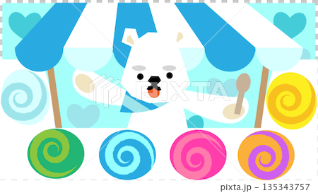 一幅可愛的插圖，描繪了一隻在糖果店工作的北極熊。 135343757