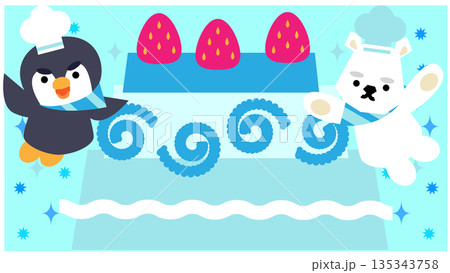 冬の空を飛ぶペンギンとシロクマのかわいいファンタジーイラスト 135343758