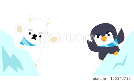 氷山の上で遊ぶシロクマとペンギンのかわいいイラスト 135343759