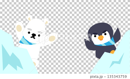 一幅可愛的插圖，描繪了北極熊和企鵝在冰山上玩耍的場景。 135343759