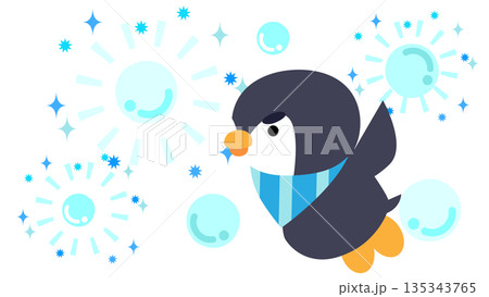 きらきら輝きながら飛ぶペンギンのかわいいキャラクターイラスト 135343765