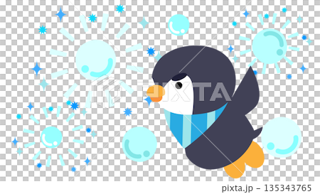 きらきら輝きながら飛ぶペンギンのかわいいキャラクターイラスト 135343765