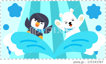 Cute illustration of a penguin and polar bear jumping on a cloud 135343767