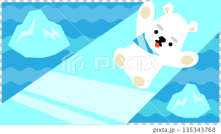 一幅可愛的冬季插畫，描繪了一隻北極熊從冰滑梯上滑下來的場景。 135343768