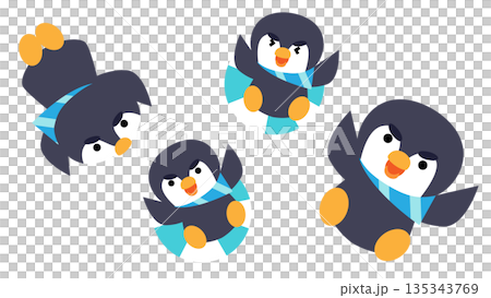 一組可愛的企鵝角色插畫，描繪了它們各種不同的姿勢。 135343769