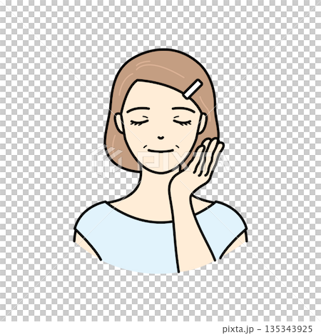 頬に手を当てて肌の状態を確認する笑顔のシニア女性のイラスト 135343925