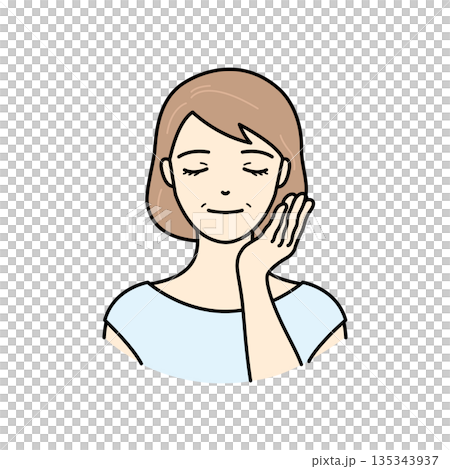 Illustration of a senior woman with a satisfied expression after completing skin care Illustration of a senior woman with a satisfied expression after completing skin care 135343937