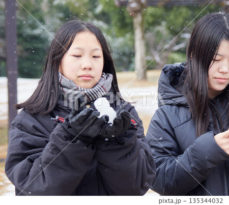 冬の朝の積雪の公園で楽しく雪合戦で遊んでいる子供姉妹の姿 冬の朝の積雪の公園で楽しく雪合戦で遊んでいる子供姉妹の姿 135344032