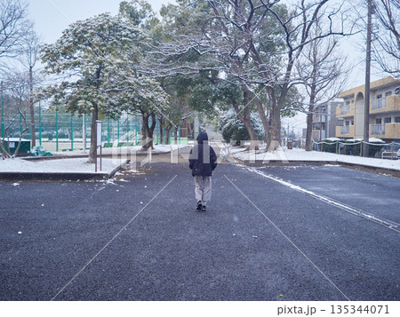 冬の朝の積雪の公園で散歩する子供の様子 冬の朝の積雪の公園で散歩する子供の様子 135344071