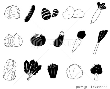 指定野菜15種類のイラストセット・白黒 指定野菜15種類のイラストセット・白黒 135344362