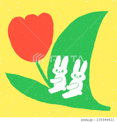 赤いチューリップに乗るなかよしウサギ（黄色背景）　手描き風やさしいカットイラスト 135344411