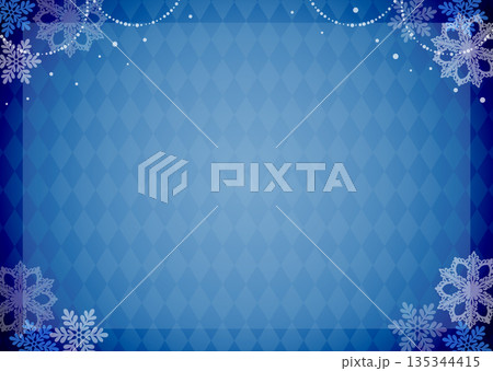 ブルーのダイヤ柄背景と雪の結晶のフレーム・クリスマスの背景素材 135344415