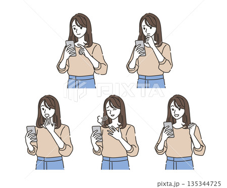 スマホを見る女性の感情バリエーションイラストセット 135344725