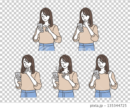 スマホを見る女性の感情バリエーションイラストセット 135344725