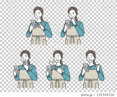 Set of facial expressions of housewives looking at smartphones Set of facial expressions of housewives looking at smartphones 135344728