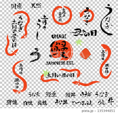 うなぎ、土用の丑の日のイラストと文字筆の素材 135344851