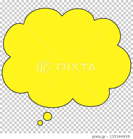 手書きのシンプルな下向きの横長もくもくの吹き出し（黄色） 135344939