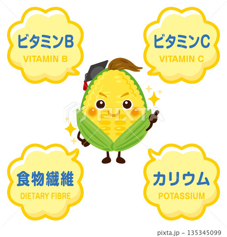 とうもろこしのキャラクターととうもろこしに含まれる成分イラスト 135345099