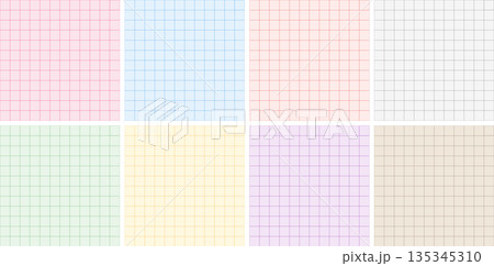 8色のカラー方眼紙シームレスパターンのセット　カラフルなグリッド背景画像ベクターイラスト 135345310