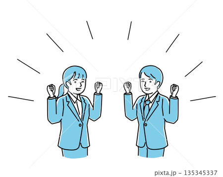スーツの男女がガッツポーズで喜ぶベクターイラスト・目標達成・チームワーク・お祝い・応援•効果線 135345337